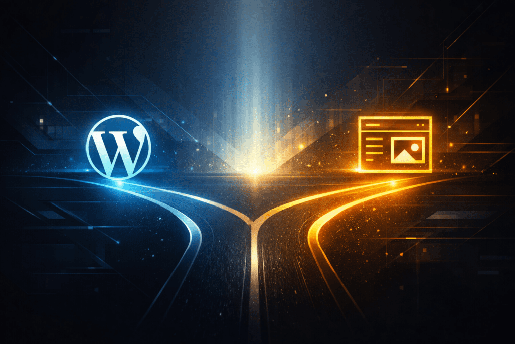 WordPress ir kitos platformos pasirinkimo iliustracija – sprendimo kryptis kuriant interneto svetainę